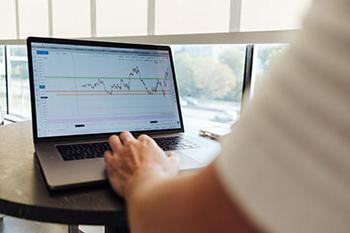 A person checking statistics on a laptop computer.